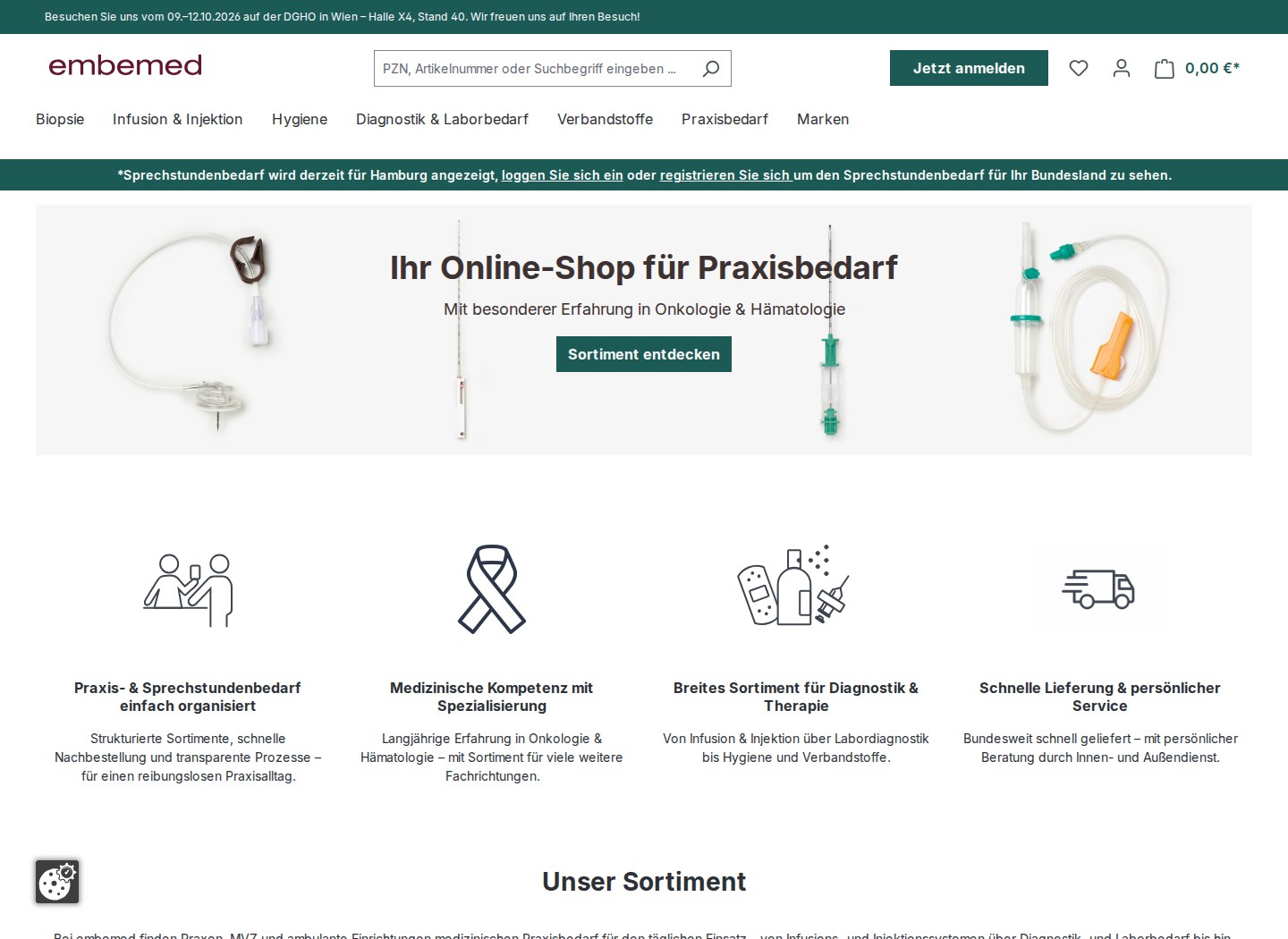 Startseite des embemed B2B-Shops für Praxis- und Sprechstundenbedarf