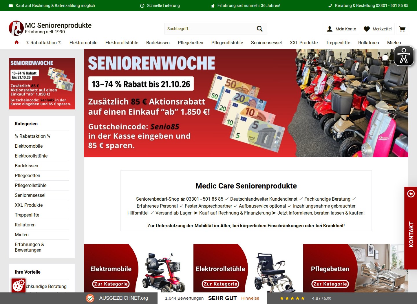 Startseite des MC Seniorenprodukte Shops mit Produkten für Mobilität und Pflege